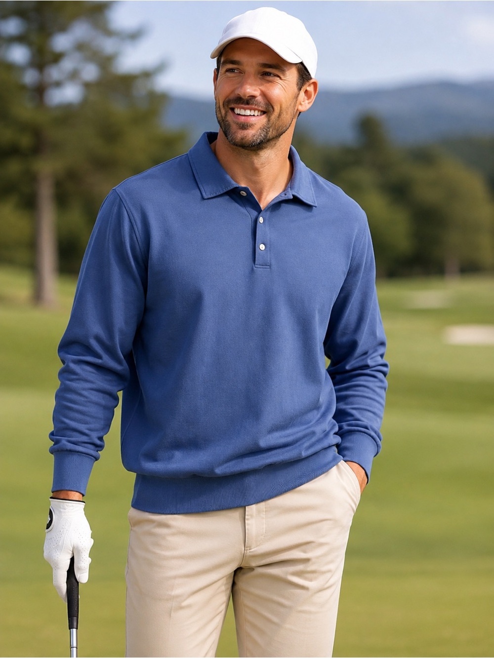 Men's Blue Collared Wool Pullover Sweater Sport Golf Fall Lightweight Activewear